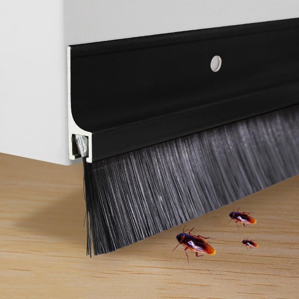 Cepillo de puerta de aluminio de 39 pulgadas, sello de burlete y tapón de corrientes de aire para puertas exteriores e interiores, cepillo de 1.2 pulgadas (negro) - Barrera eficaz contra el ruido y el