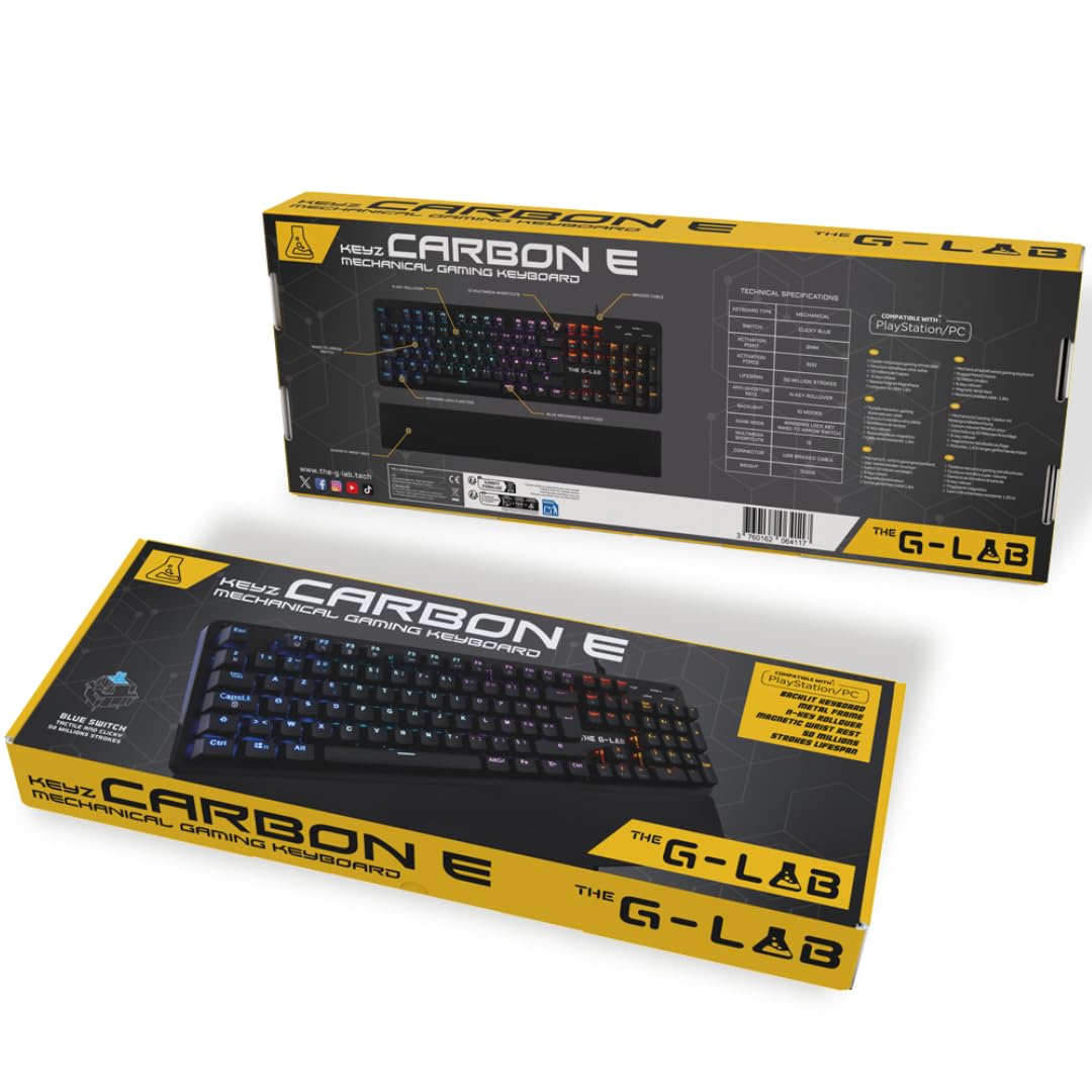 The G-Lab - Keyz Carbon E Clavier Mécanique Gamer Azerty Blue Switches Ultra Précis - 16 Effets de Rétro-Éclairage - Repose-Poignets Magnétique - Compatible PC PS4/PS5 Xbox One/Series X - New