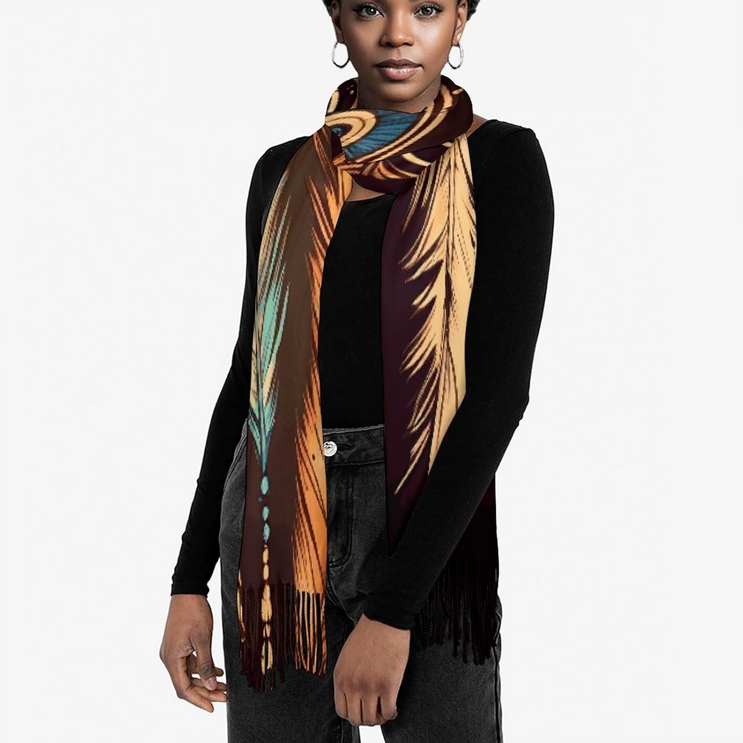 Vintage Ethnic Tribal Feather Scarf for Women Men Soft Warm Fashion Blanket Scarves Classic Cashmere Feel Scarf Long Shawl Large Scarves Cold Weather Thick Blanket Scarfs