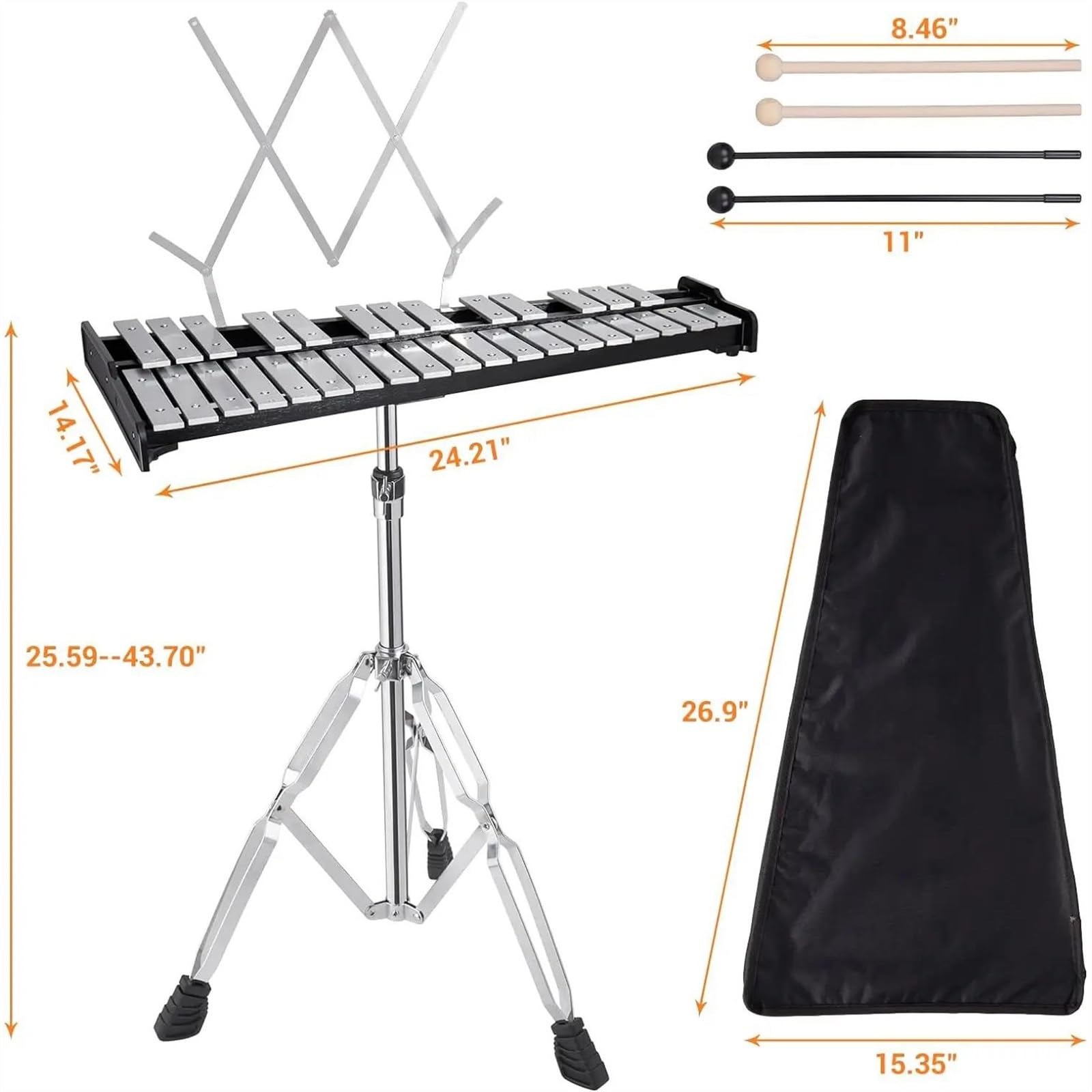 Glockenspiel de 32 notas con soporte de altura ajustable Tapa armónica de aluminio Kit De Glockenspiel Profesional