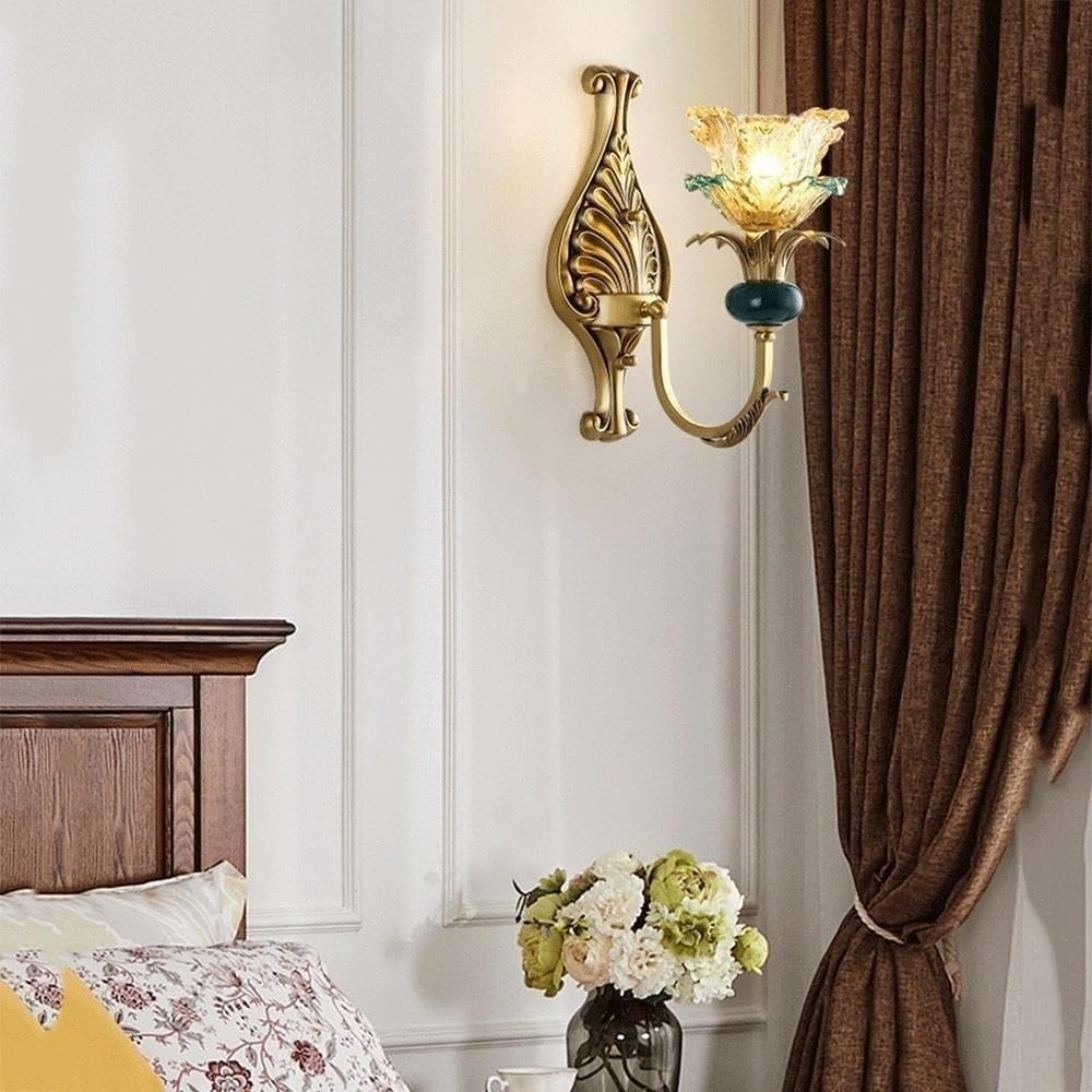 Aplique de Pared de Cristal Floral, Lámpara de Vela Francesa de Latón E14/Luz Cálida