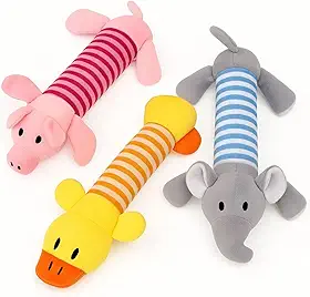 Kit 3 Pelúcias para Cachorro Bichinho Bisnaga com Apito Elefante + Porco + Pato