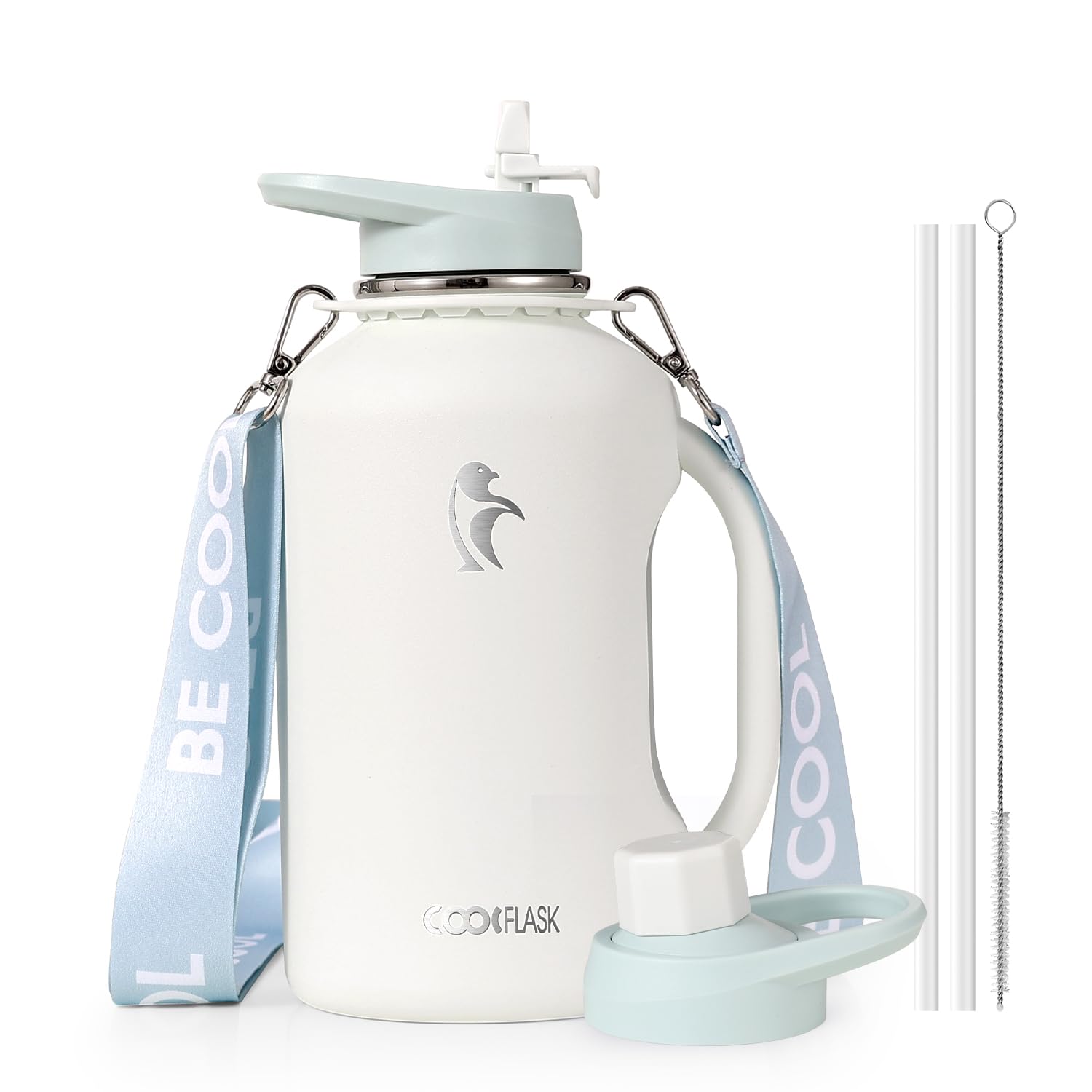 Coolflask Half Gallon Water Bottle with Straw, 1.2L Insulated Stainless Steel Water Jug with Handle Metal Double-Walled Vacuum Large Flask with Strap Leakproof, Keep Cold 48H Hot 24H, Glacier White
