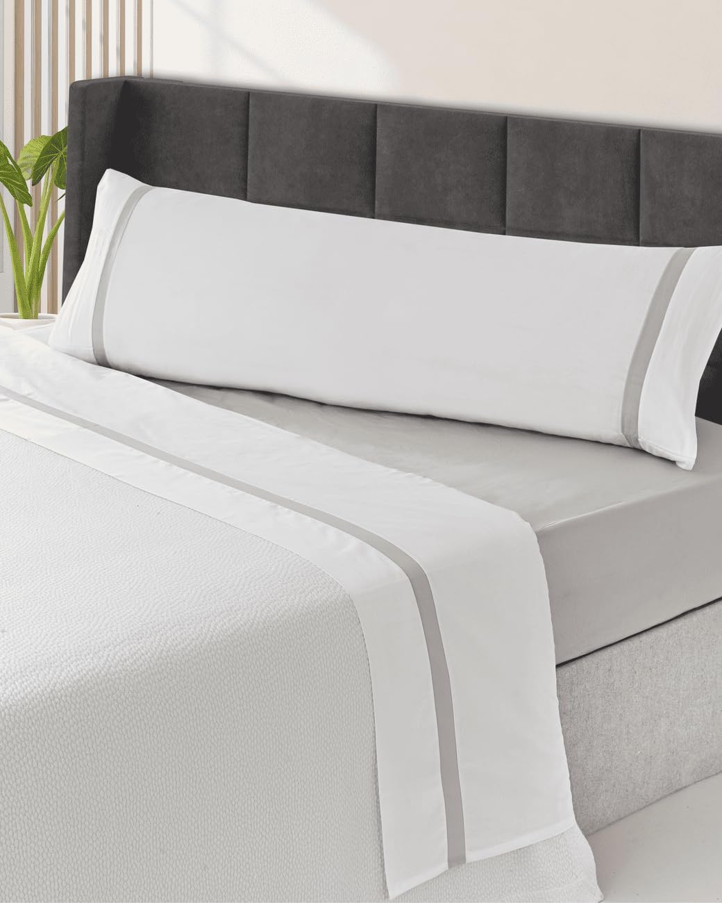 Juego de Sábanas 100% Algodón Peinado, 200 Hilos, Percal, Diseño con Líneas, Disponible en Taupe, Gris, Salmón y Celeste (Gris, Cama 180cm)