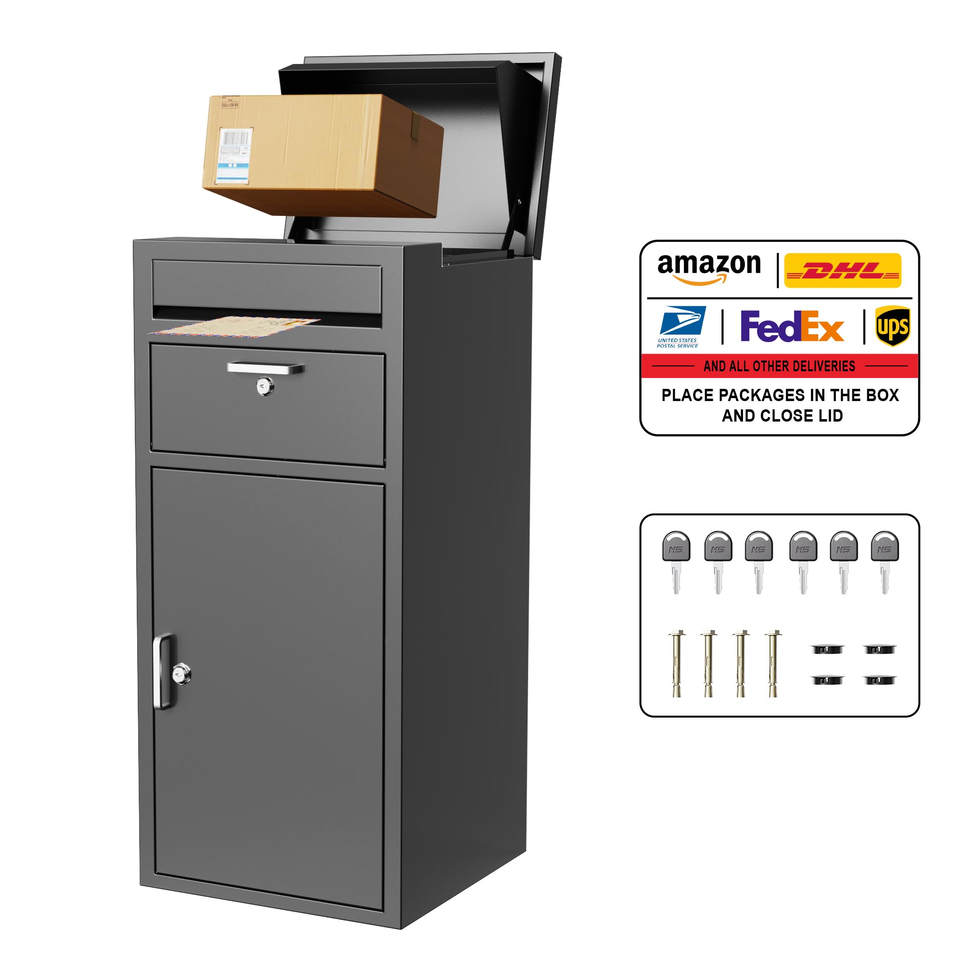 Merapi Package Delivery Box for Outside, 34.6" x 15.7" x 15.7" Cold-Rolled Steel Delivery Box for Packages & Mails, Anti-Theft Lockable Large Mailbox for Porch, House, Curbside, Black-S