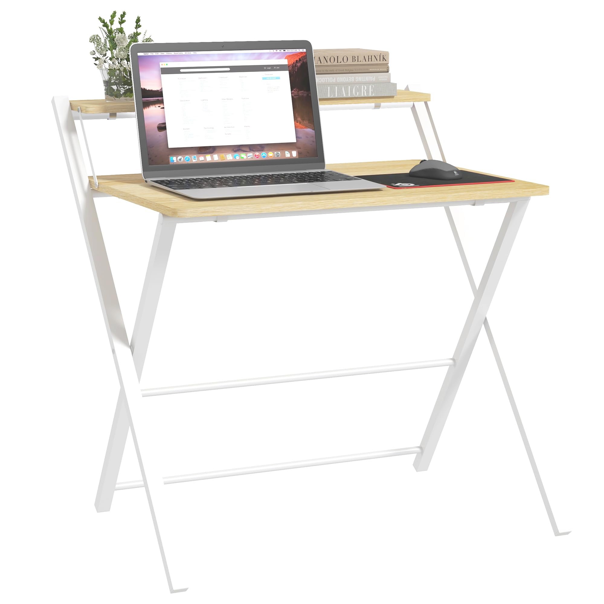HOMCOM Mesa de Escritorio Plegable Mesa de Estudio con Estante Superior Estilo Moderno para Sala Oficina Dormitorio 81,5x70x84 cm Natural y Blanco