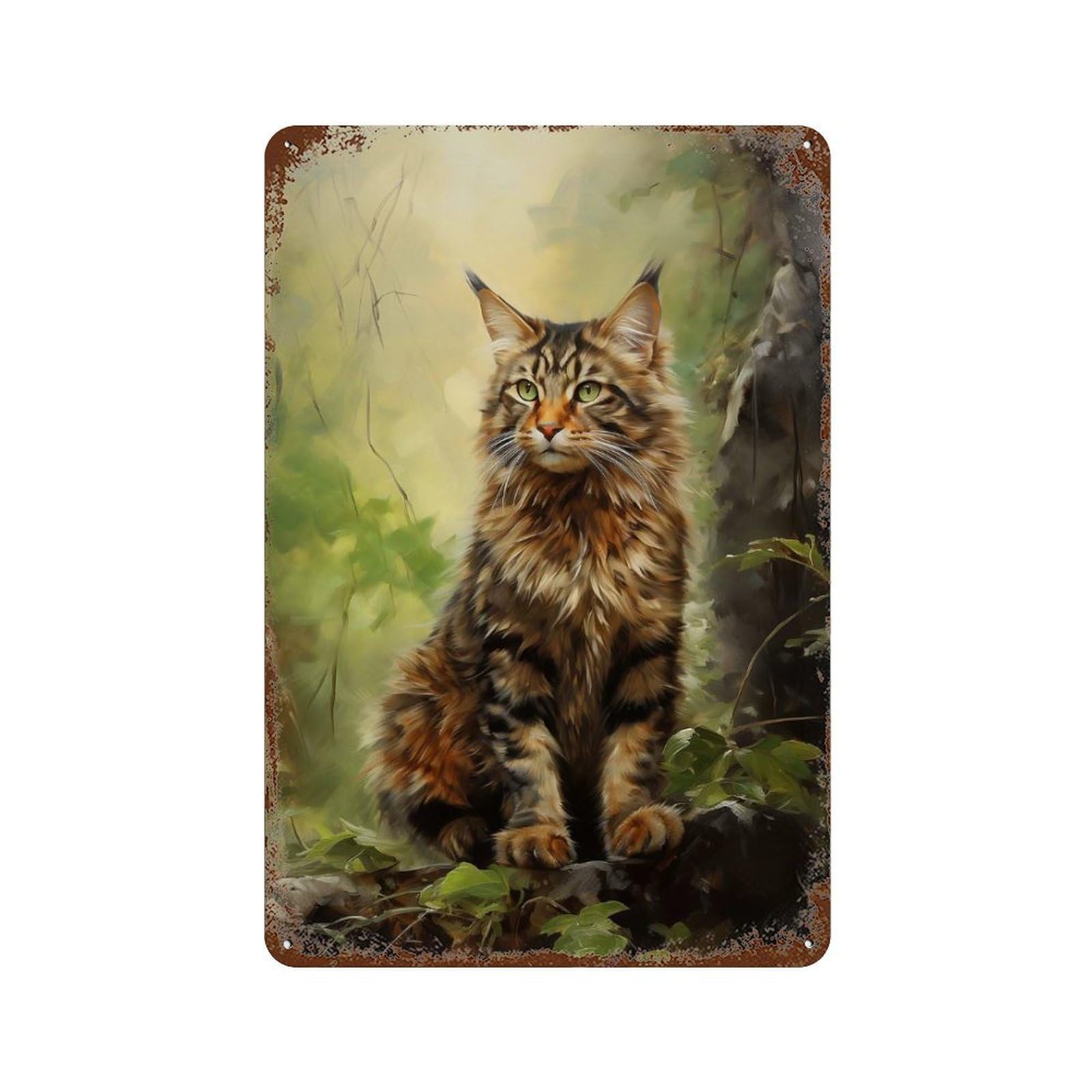 Maine Coon Cat in Forest Aged Metal Wall Plaque 11.8"x7.9", Old School Wall Decor for Garage, Pub Or Kitchen