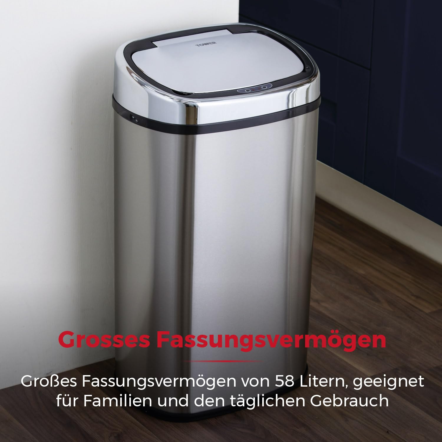 Tower T80901 Edelstahl Mülleimer Mit Sensor - Automatisch Mit Soft-Close-Funktion, Manuelle Öffnungsoption, 58 L, Silber