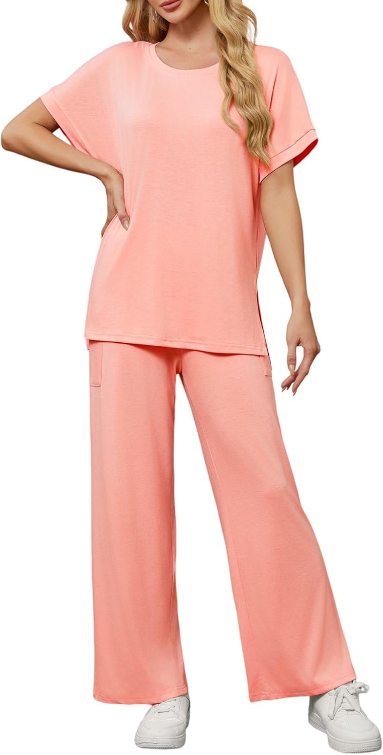 Womens 2 Piece Outfits Shorts Sleeve Tops Wide Leg Pants Casual Trendy Lounge Matching Set 2025
