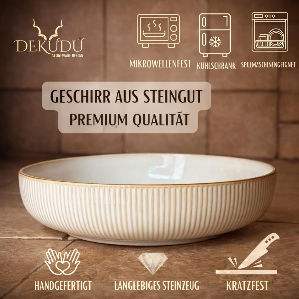 Salatschüssel Keramik Servierschüssel Servierplatte Steingut Teller - Handgefertigt - Hochwertiges Steinzeug- 1 Stück - Ø 25 cm - Spülmaschinen Mikrowellen ofenfest Kratzfest -Modern - Beige