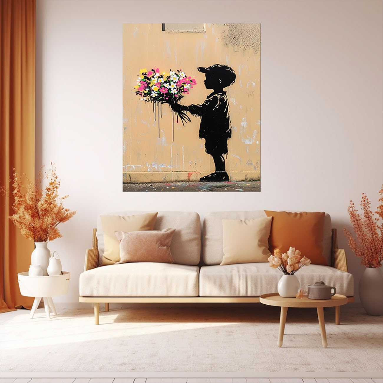 WIKEO Banksy na płótnie, graffiti, słodkie chłopięce kwiaty, do sypialni, dekoracja ścienna, do salonu, nowoczesna dekoracja ścienna, prezent (czerwony) - 70 x 100 cm, oprawiony