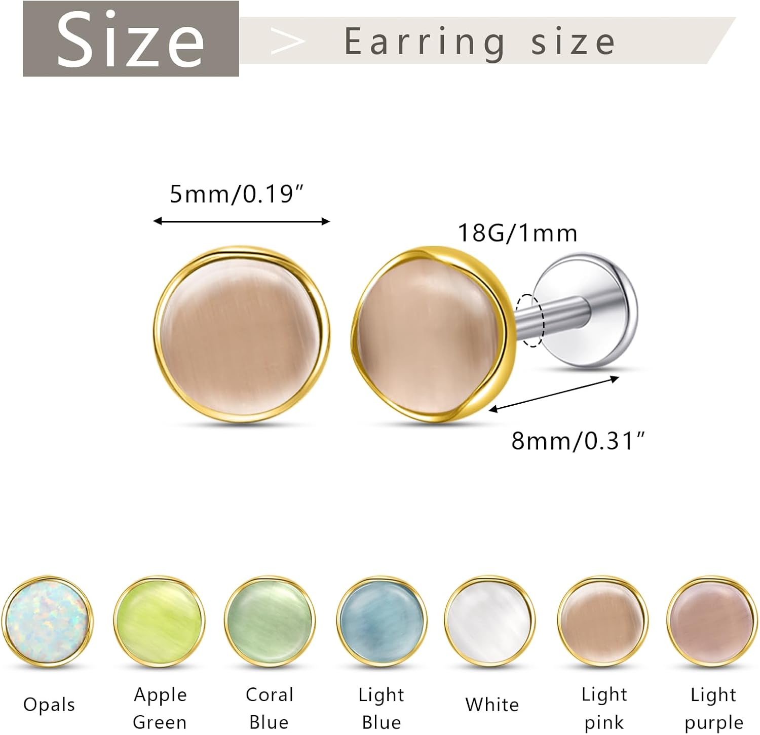 Limerencia Hypoallergenic Earrings for Sensitive Ears - G23 Titanium Round Cat's Eye Flat Back Stud Earrings, Cartilage 5mm Stone Pierced Earrings for Women Men Gift - Image 3