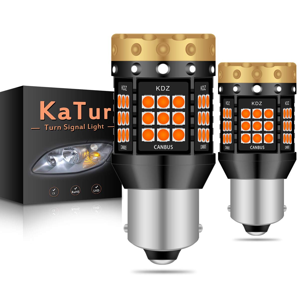 KATUR Super jasne żarówki LED 1156 BA15S bursztynowe żółte 3030 45SMD zamiennik Canbus, bez błędów, do przednich i tylnych świateł kierunkowskazów LED (2 sztuki)