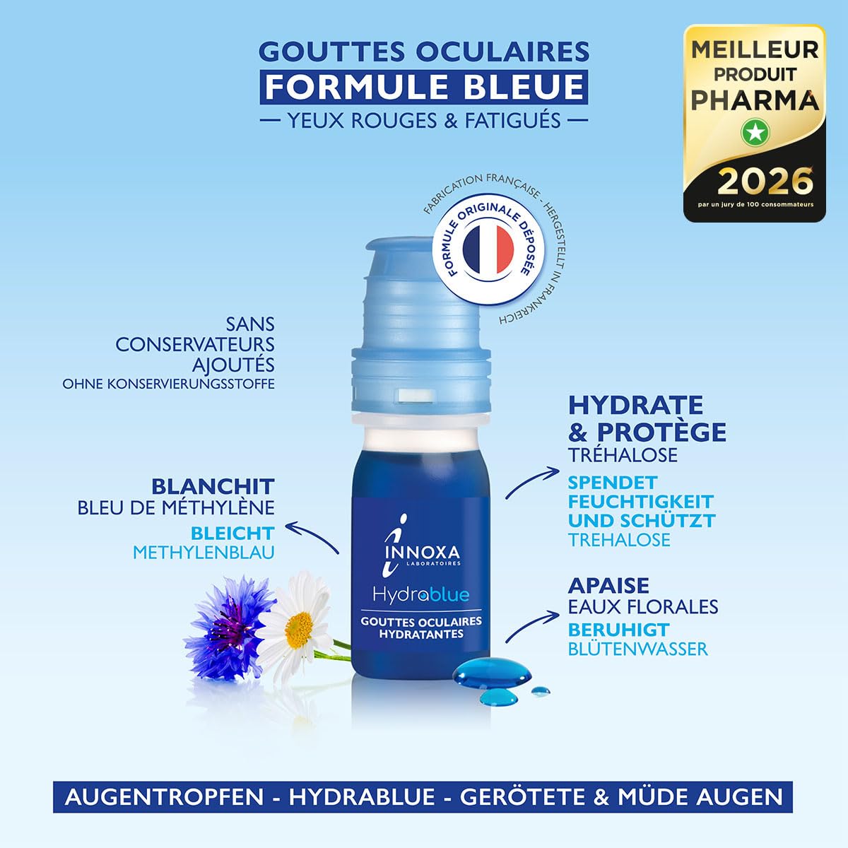 INNOXA Laboratoires - Blaue Formel Augentropfen - Aufhellung des Augenweiß – Befeuchtet gerötete und müde Augen – Originalformel – Made in France – Ohne Konservierungsstoffe - 2x10 ml