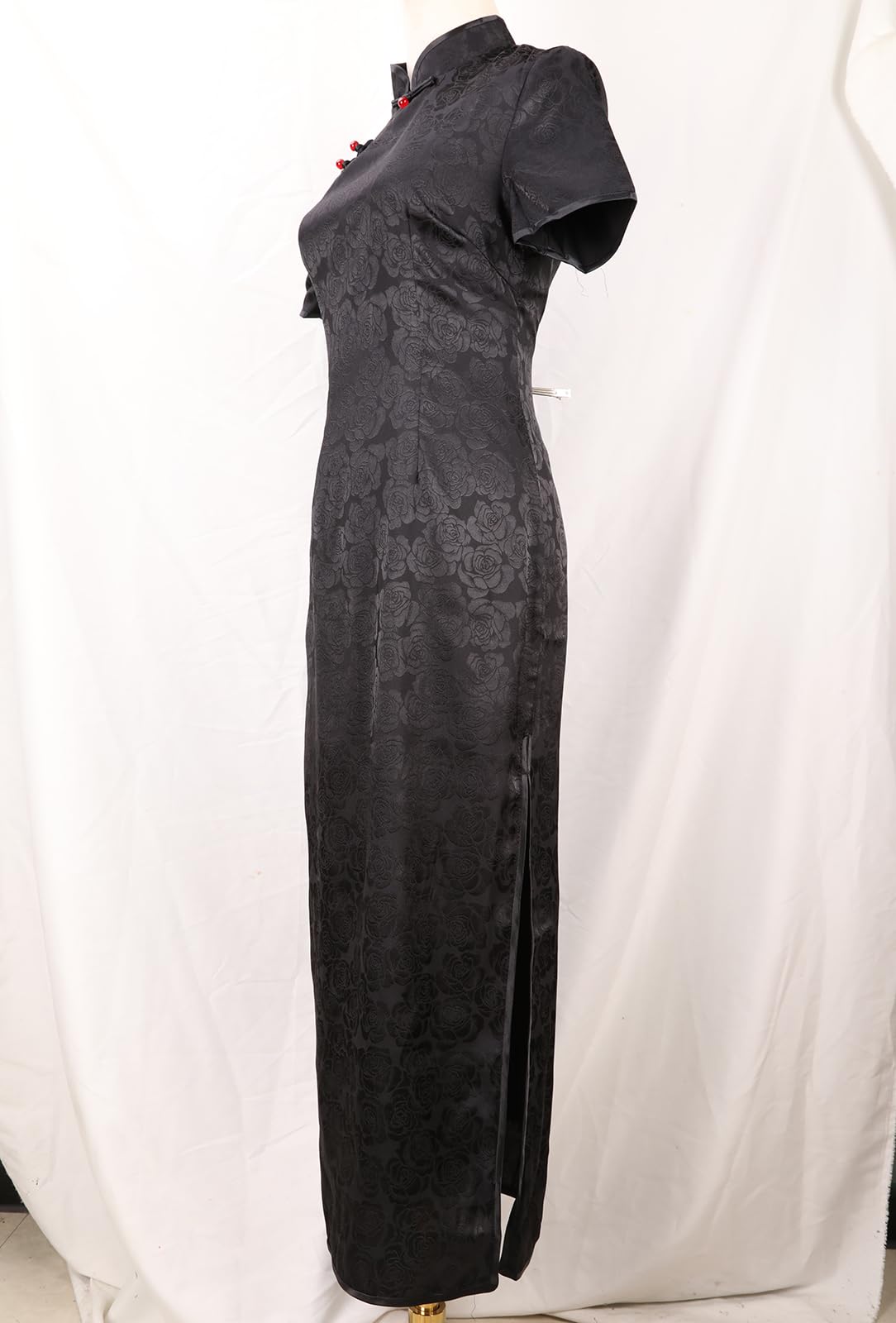Robe chinoise longue Cheongsam à col mandarin coupe ajustée manches courtes moulante imprimé floral sexy fente latérale Qipao