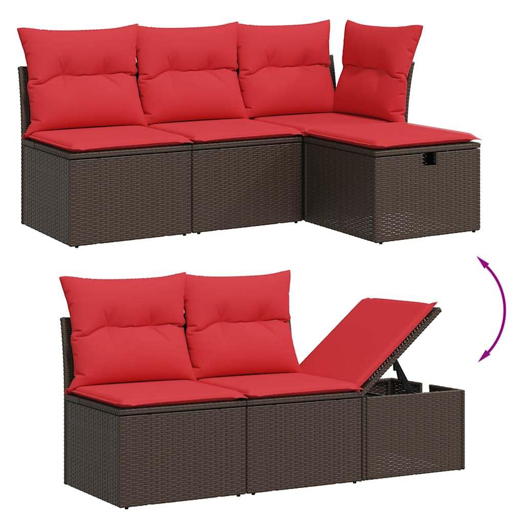 Juego de 6 sofás de jardín de polirratán marrón, modular con mesa de cristal y espacio de almacenamiento, incluye cojines de asiento y cojines de respaldo para terraza y exterior