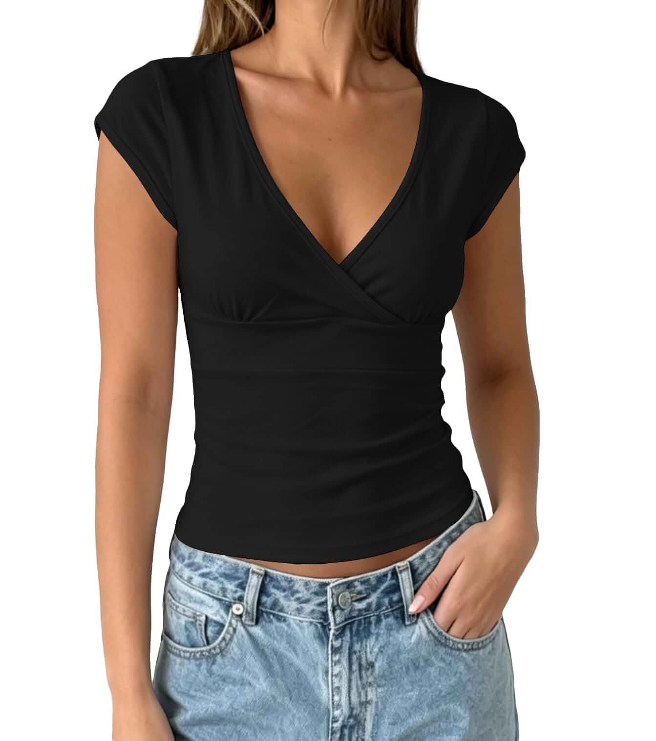 BAIGRAM Women Y2k V Wrap Neck Ruched Crop Tank Tops Cap Sleeve Slim Fit T Shirts Cute Trendy Preppy Clean Girl Summer Outfits Cap Sleeve · Fitted