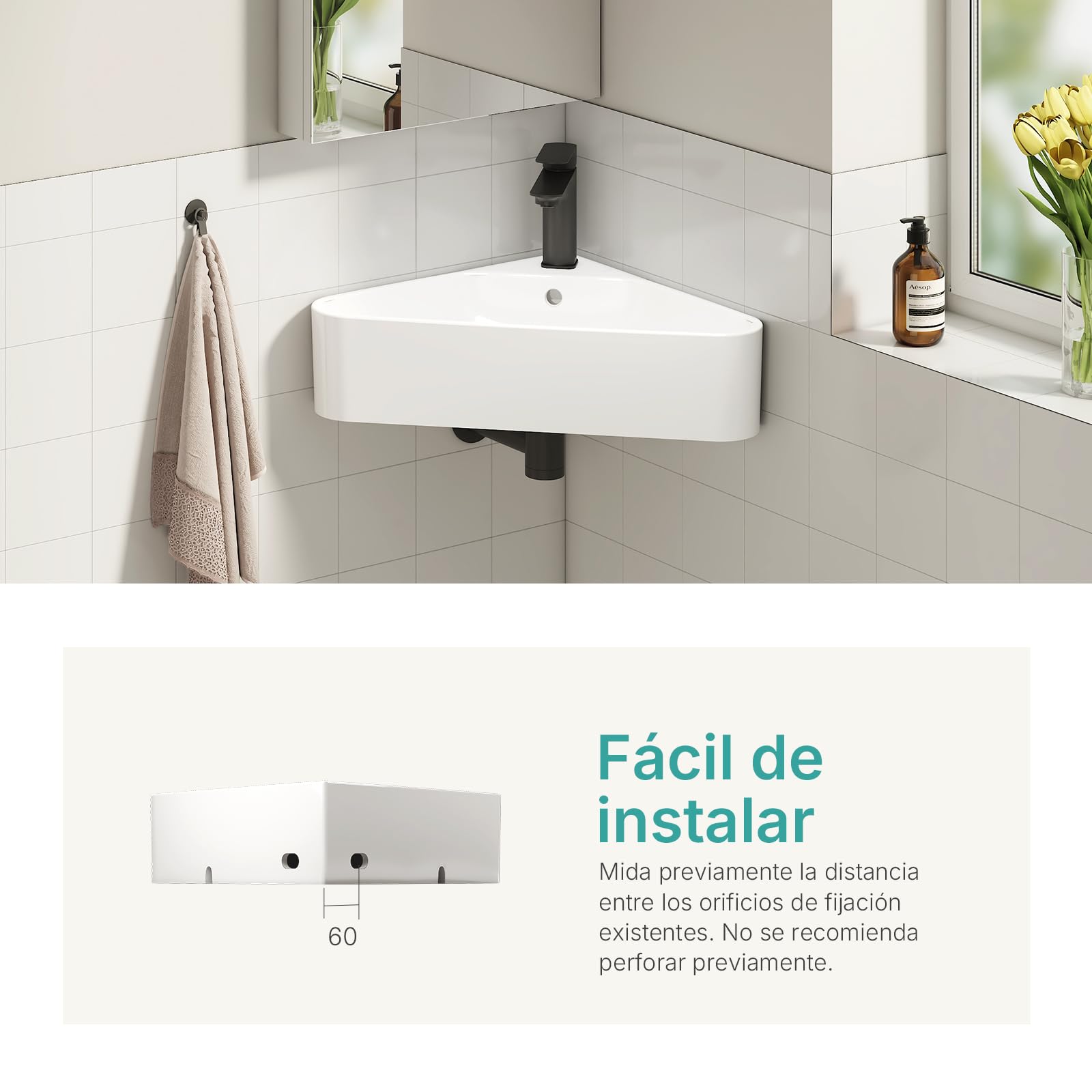 EMKE Pileta de cerámica 560x340x130mm,Blanco Brillante | Pequeño Lavabo Triangular de Pared – Lavabo Suspendido para Aseo o Baño Pequeño