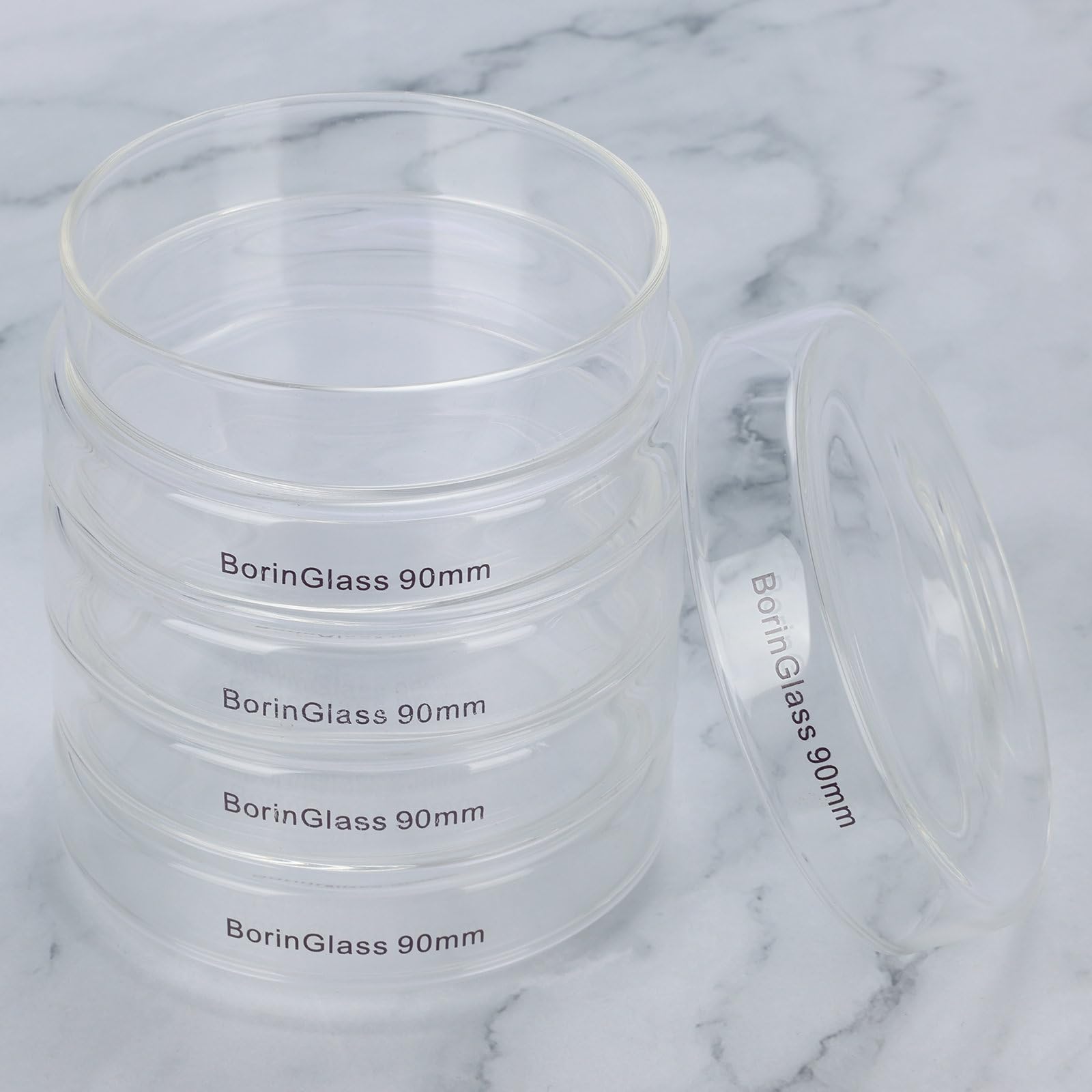 BorinGlass Lot de 5 boîtes de Pétri en verre avec couvercle, verre borosilicate, bols de culture transparents, boîtes de pétri de laboratoire, diamètre extérieur 90 mm