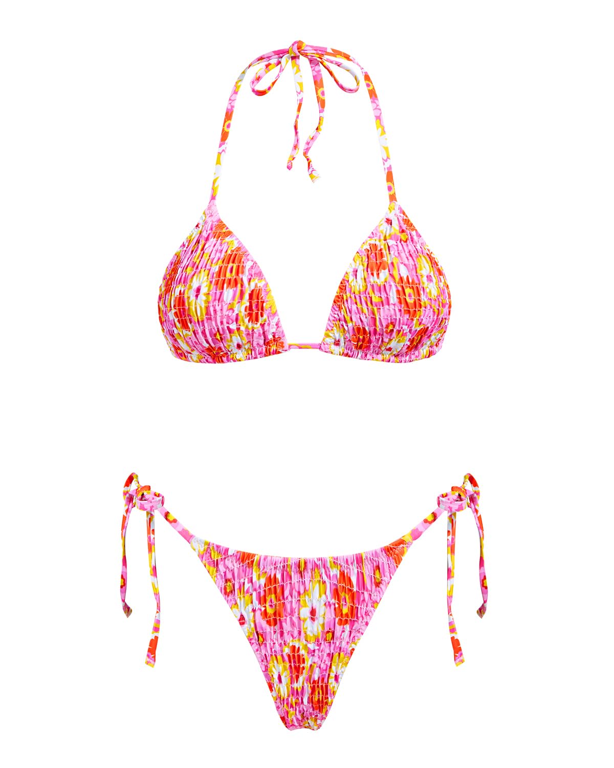 VOLAFA Women's Triangle Bikini String Swimsuit Print Tie Smocked Ruched Two Piece Bathing Suit Set - 8 - Pink1