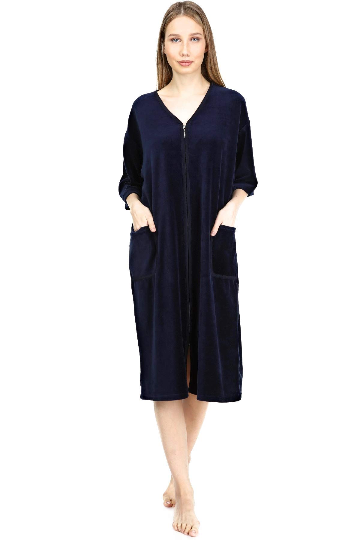 Brighton RobesWomen's VELOUR Cotton Zipper Front, 3/4 Sleeve Two Pocket Robe, Sleepwear, Loungewear, Dress