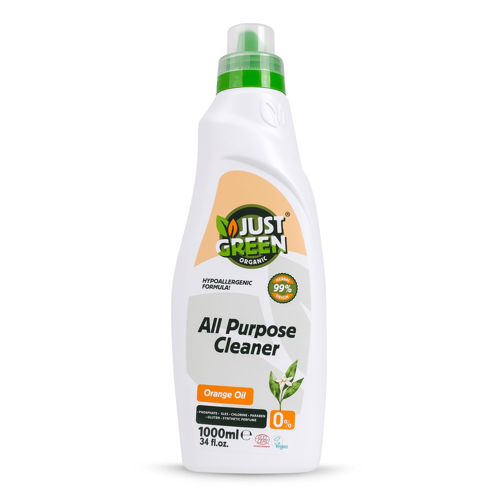 Just Green Organic Multipurpose Cleaner - Quick-Drying, Spot & Stain Remover, Surface Cleaner | Dust-Purifying, Safe for Children, Pets | Non-Toxic, Natural All-Purpose Cleaner - 1000ml