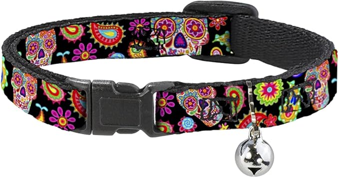 Cat Collar Breakaway Bobo Sugar Skull Paisley Black Multi Color 8 to 12 Inches 0.5 Inch Wide