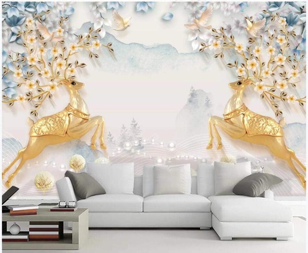 Papier peint intissé 3D forêt cerf doré 150x105cm pour décoration salon