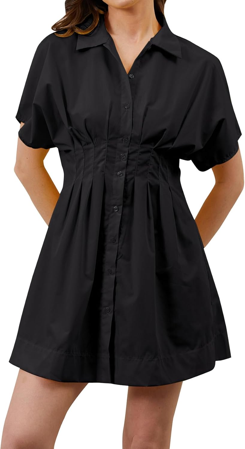 calbatic Women Button Down Pleated Shirt Dress Striped Short Sleeve Summer Casual Business Flowy Mini Short Dress
