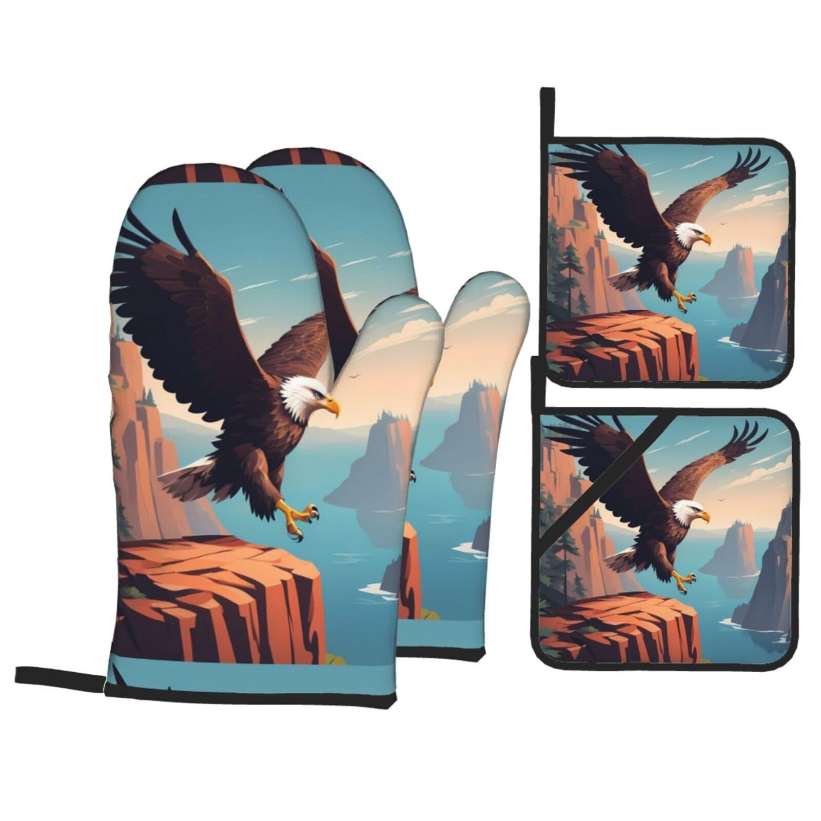 HJFCZH Eagle On The Cliff Picture Kitchen Baking Set of 4 Thick Insulated Oven Mitt & Pot Holders, Anti-Scalding for Microwave, Oven, Outdoor BBQ