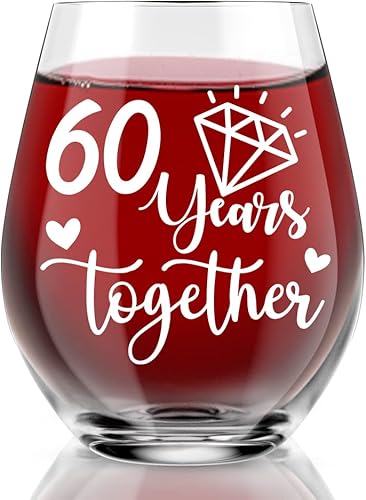 Copa de vino de feliz 60 aniversario, 60 años juntos, regalos de compromiso de boda para mujeres y hombres, decoración de fiesta de aniversario de