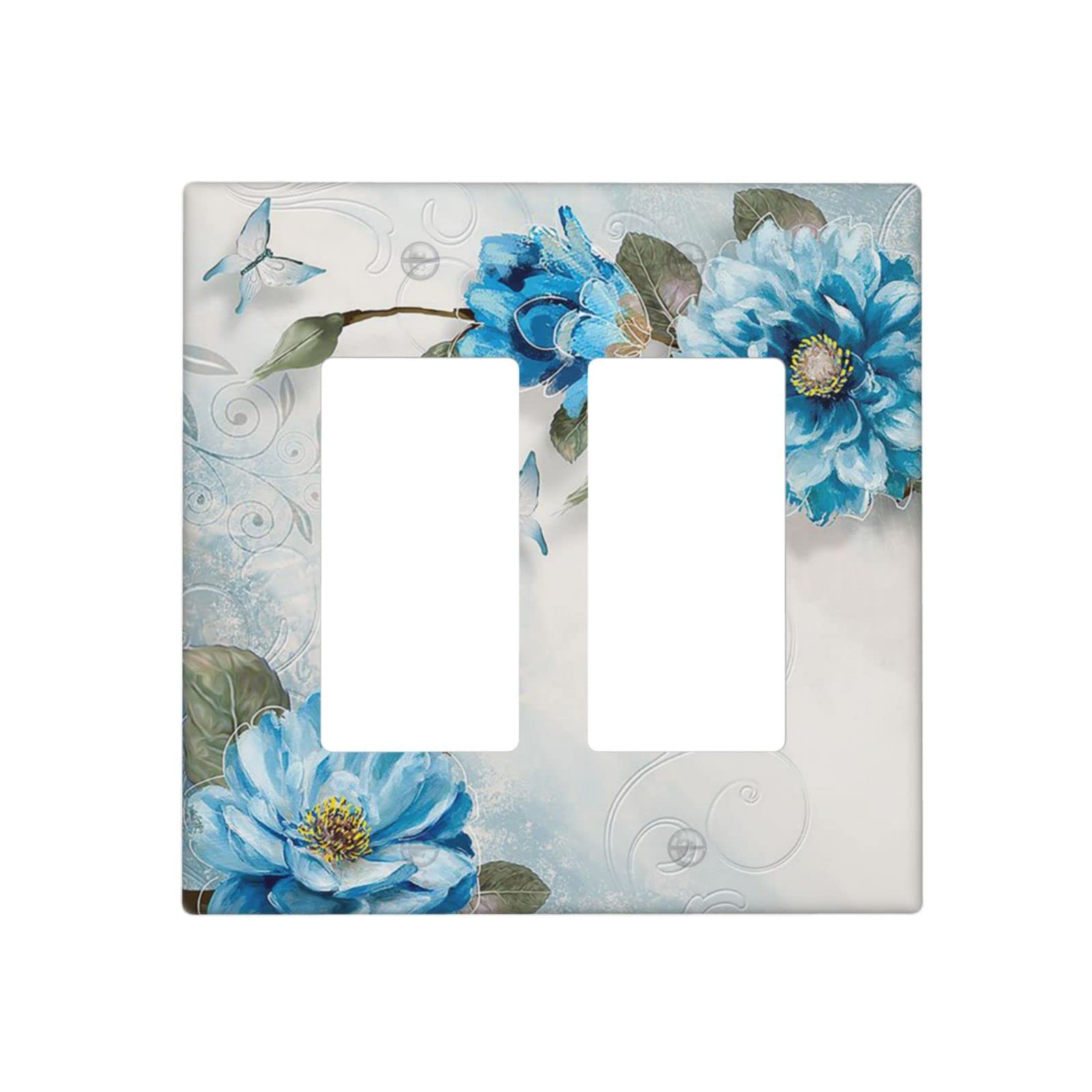 Blue Floral 2 Gang Rocker Light Switch Cover Decorative Double Wall Plate Switch Plates Kitchen Bedroom Bathroom Decor