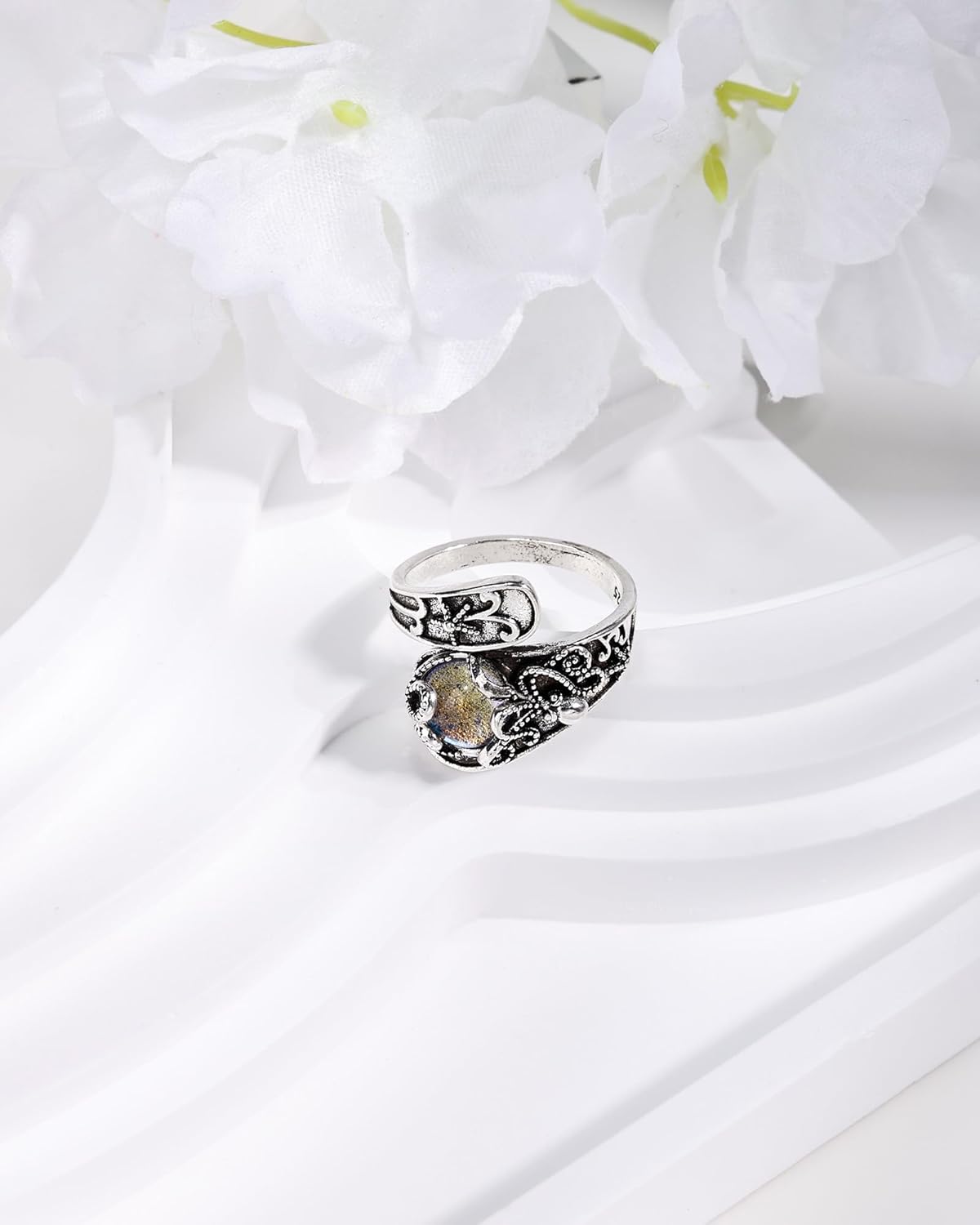 Silver Moonstone Spoon Ring for Women - Adjustable Beach Ring with Floral Carving, June Birthstone Thumb Ring for Gift - Image 4