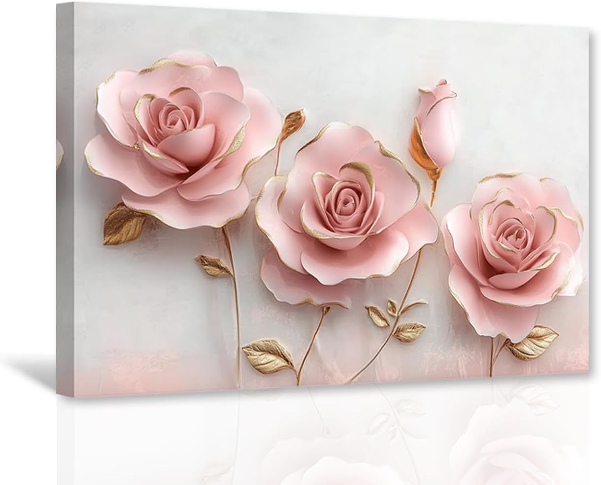 PBXBJY Pink Rose Canvas Wall Art Flower Pictures Print Pink Gold Rose Picture Floral Painting Modern Artwork Office Bedroom Girls Room Decor Frame (12.00" x 18.00")