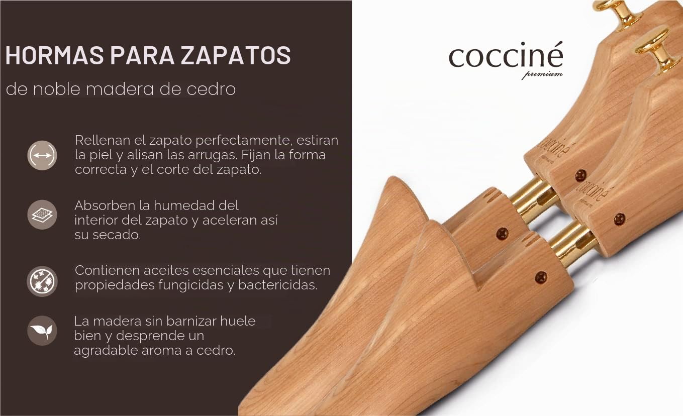 Coccine - Horma para zapatos de madera de cedro, extrafuerte, protección contra torceduras, tensor de madera para todos los zapatos, con muelles ajustables, 43-44