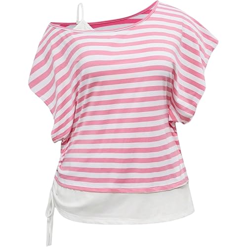 SOLY HUX Women's Plus Size Striped T Shirt Y2k Cold Shoulder Short Sleeve Summer Tops Drawstring Side Casual Tee