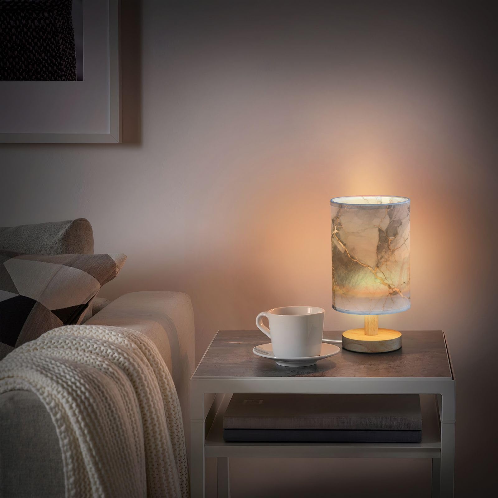 Mnsruu Bedside Table Lamp Grey Marble Gold Fluid Black Marble Bedside Lamps LED Light Desk Lamp Fabric Shade Small Lamp for Bedroom Living Room (Bulb Included) - Image 2