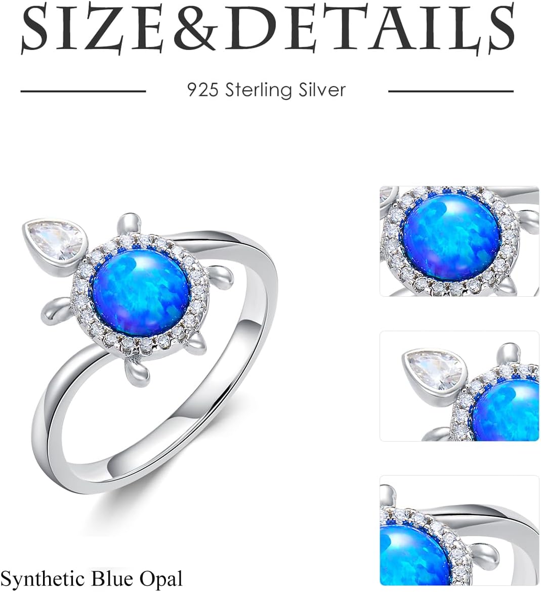 925 Sterling Silver Created Blue Opal Rings Cute Sea Turtles Ring with CZ for Women Ocean Style Jewelry for Her