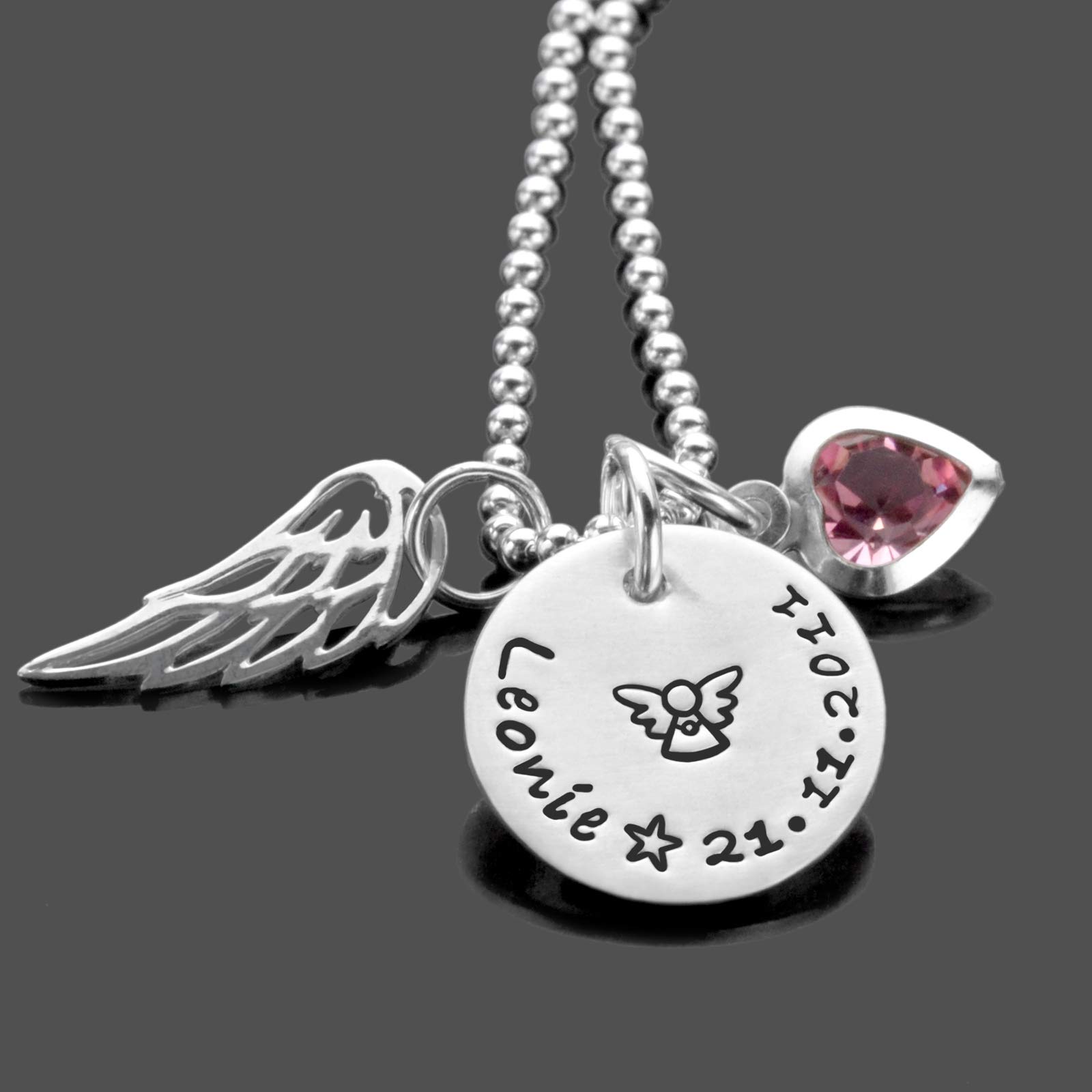 Taufkette Engelsflügel mit Gravur Mädchen personalisiert Taufgeschenk ENGELSGLEICH 925 Silberkette Taufschmuck Gravur Engel Name Datum Kristallherz