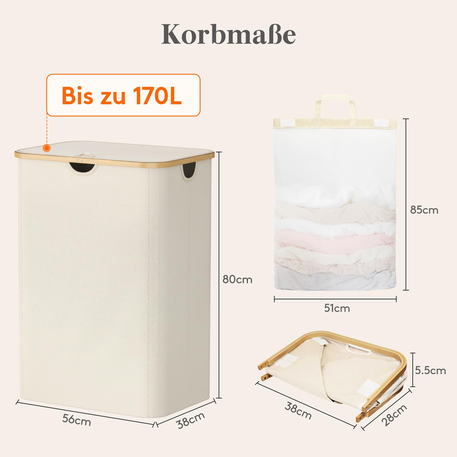 Lifewit 170L Wäschekorb mit 3 Fächern und Deckel, Beige