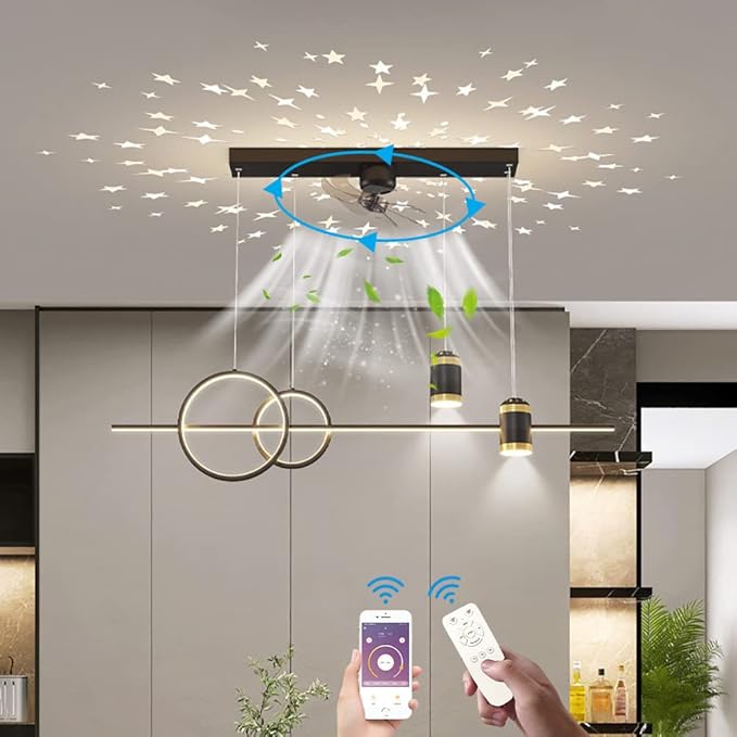 KZT LED plafondventilator met lamp en afstandsbediening Stille ventilator plafondlamp met spotlight Moderne dimbare fan kroonluchter voor eetkamer woonkamer keuken kantoor ventilatorlicht, 100cm