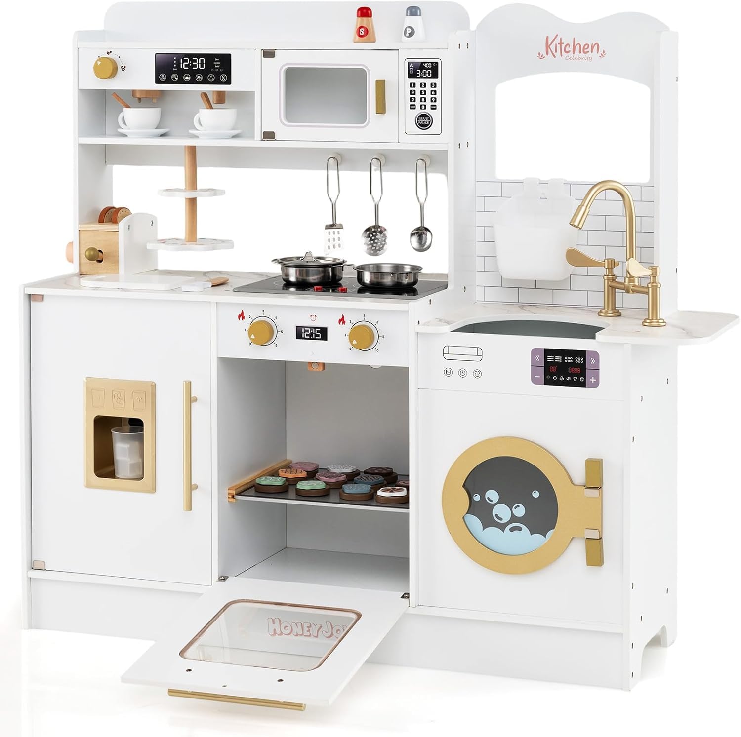 COSTWAY Kids Wooden Kitchen, Pretend Play Kitchen with Light, Sound, Sink & Faucet, Microwave Oven, Coffee Machine, Ice Dispenser, Utensils, Children Chef Role Playset for Boys Girls (White)