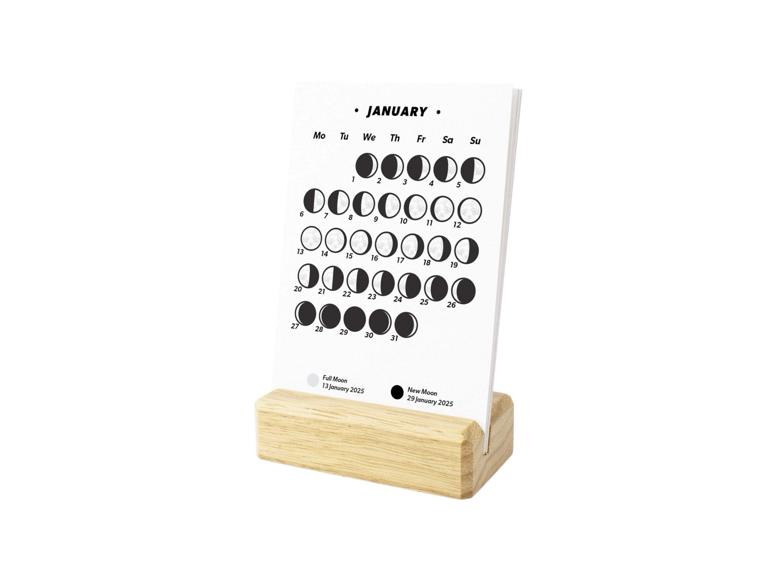 2025 Small Desk Calendar with Lunar Phases, Moon Calendar with Wooden Base, Light