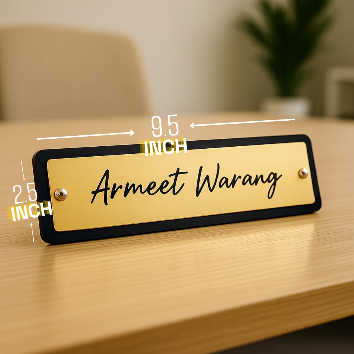 Tresneria� Customized Acrylic Desk Name Plate | 23X6.5 CM | Acrylic | PinStand (Gold) 3