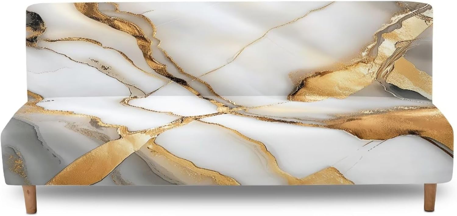 White Gold Marble Armless Couch Covers for Dogs Washable Slipcover for Sofa Couch Pet Protection Home Decor Futon Sofa Cover Daily Dustproof