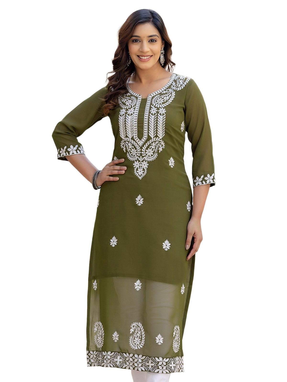 Sanisa Women's Georgette Chikankari Embroidery Straight Kurti (481K10056N-Xxl_Olive Green)