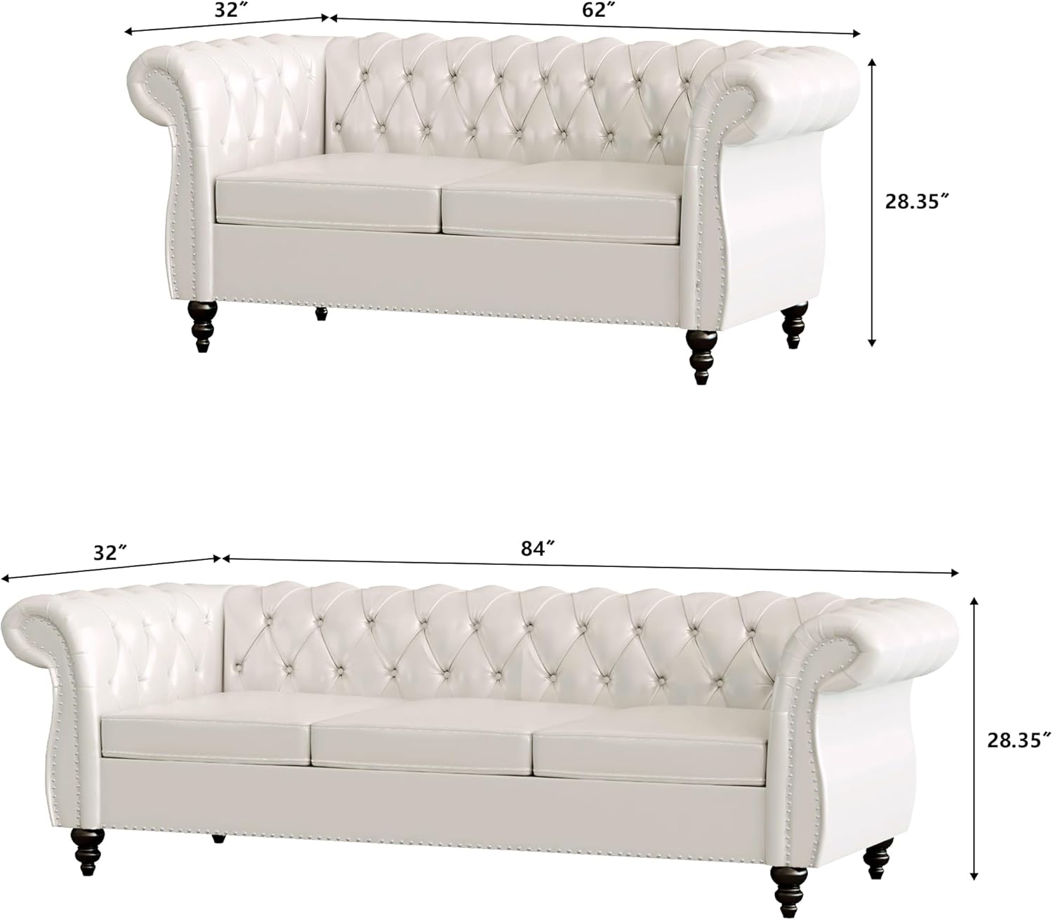 Faux Leather Sofa and Loveseat set, Mid Century Modern Upholstered Couch with Cushions, 2-Piece Home Sofa Living Room Furniture Sets, Comfy Tufted Chesterfield Couches for Bedroom, Office (White)