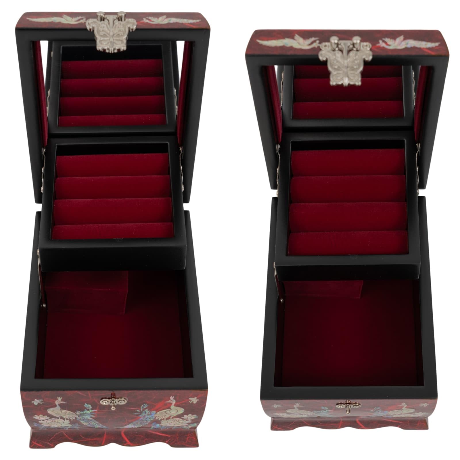 February Mountain Joyero musical de madreperla con espejo y soporte para anillos, caja de música, organizador de joyas tocando melodía Arirang, caja de joyería de pavo real, regalo para mujeres