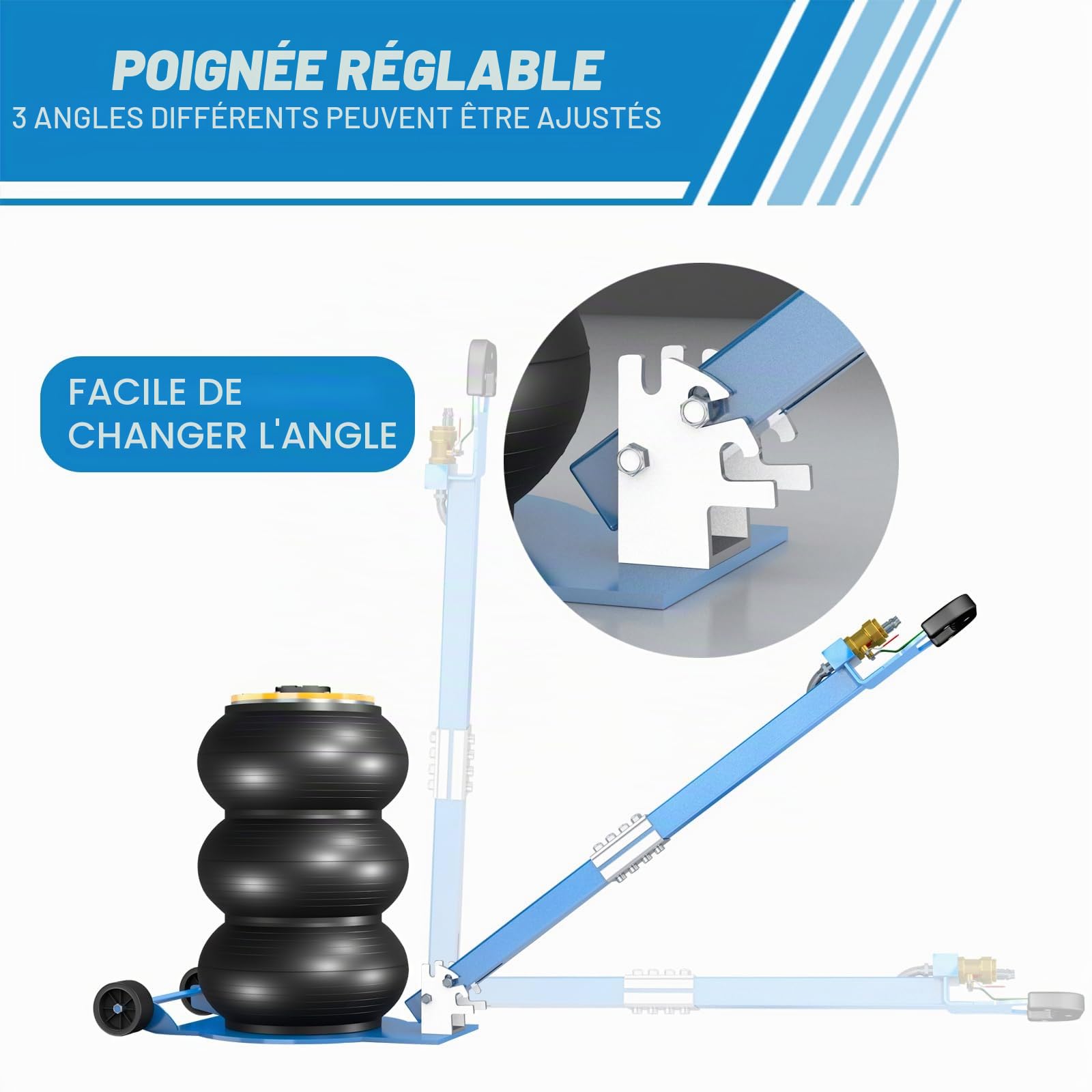 Larbanke Cric pneumatique, 3 tonnes/6600 lbs - Cric à 3 sacs gonflables avec colonne surélevée, avec tube d'air protégé par ressort, hauteur de levage jusqu'à 40 cm, avec poignée longue réglable