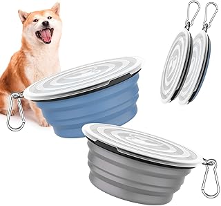 Pawaboo Faltbar Hundenapf, 2 Stück 1000 ml Hund Reisenäpfe Tragbar Silikon Auslaufsicher Trinknapf Fressnapf mit Deckel und Karabiner für Hunde Katzen Spaziergänge Unterwegs, Blau + Grau product image